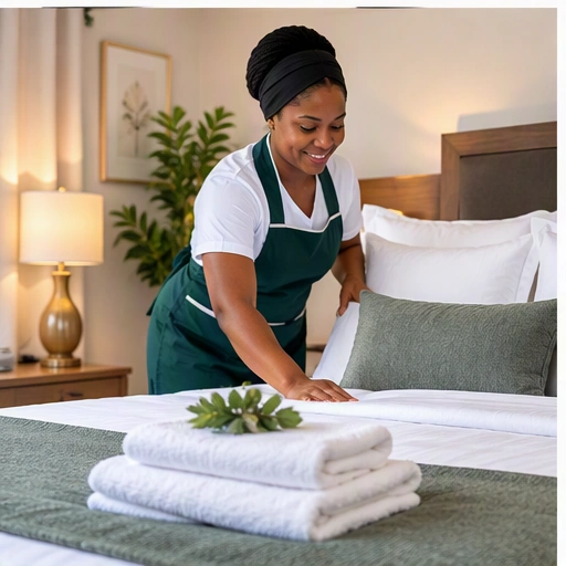 Woman cleaner preparing a guest bed