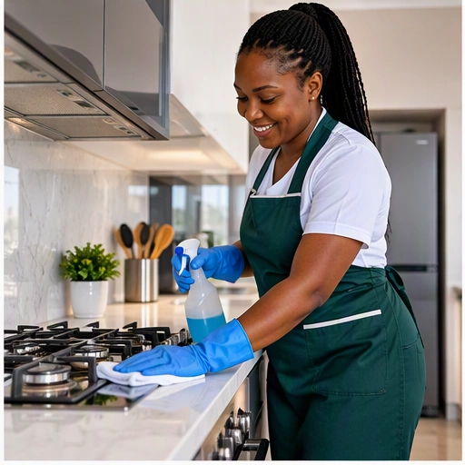 Woman cleaner deep cleaning a kitchen surface