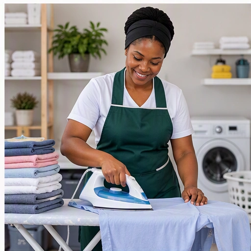 Woman carefully ironing fresh laundry