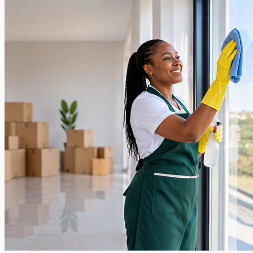 Woman cleaner preparing a bright home for a move