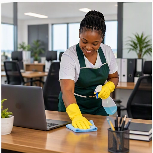 Woman cleaner wiping a small office desk